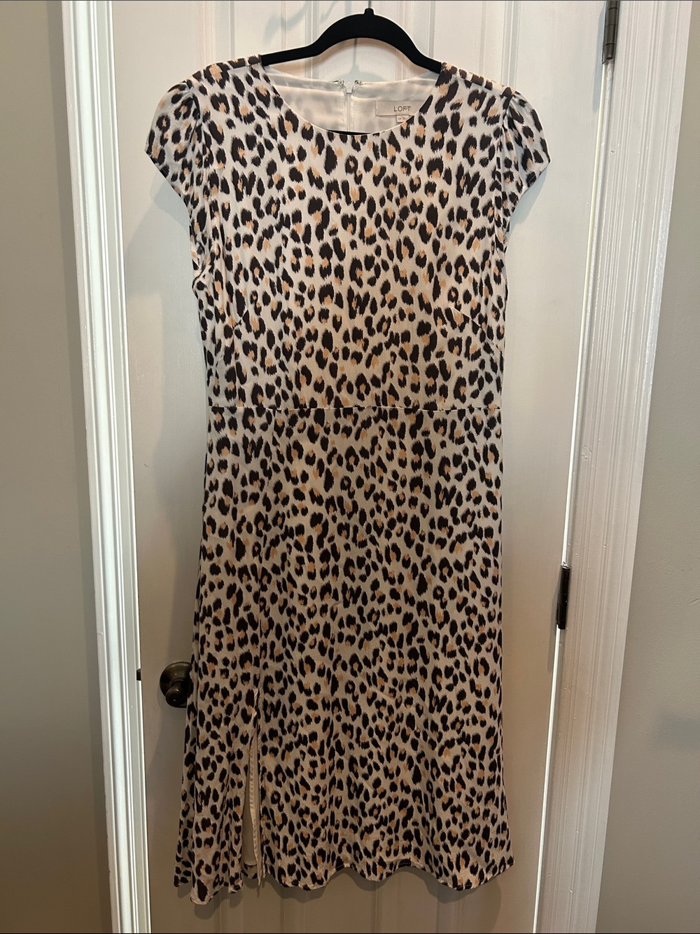 LOFT Neutral Leopard Print Cap Sleeve Midi Dress